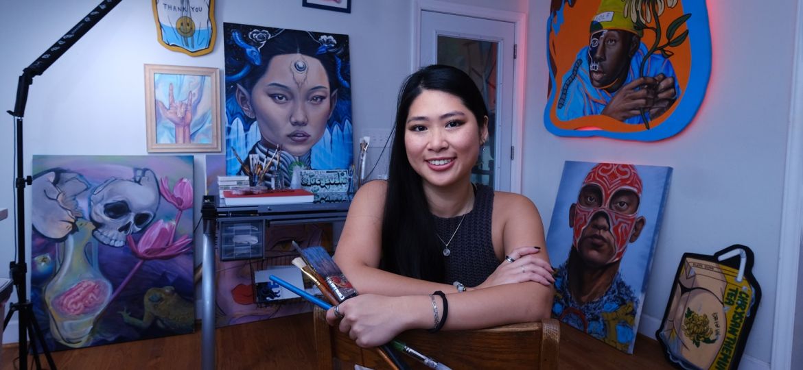 2023 ASC Emerging Creators Fellowship recipient Lucy Phung. This is her home studio with some of her works, a few of which were collaborations with another artist including her partner, Alex.